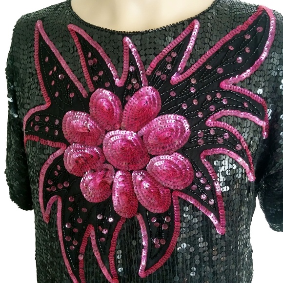 VTG 80s JLB Paris Silk Sequined Floral Top SZ M - Picture 4 of 7
